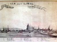 Bodenehr: "Ulm gegen Sud=Westen". Schöne Panorama - Gesamtansicht gegen Südwesten mit der Donau